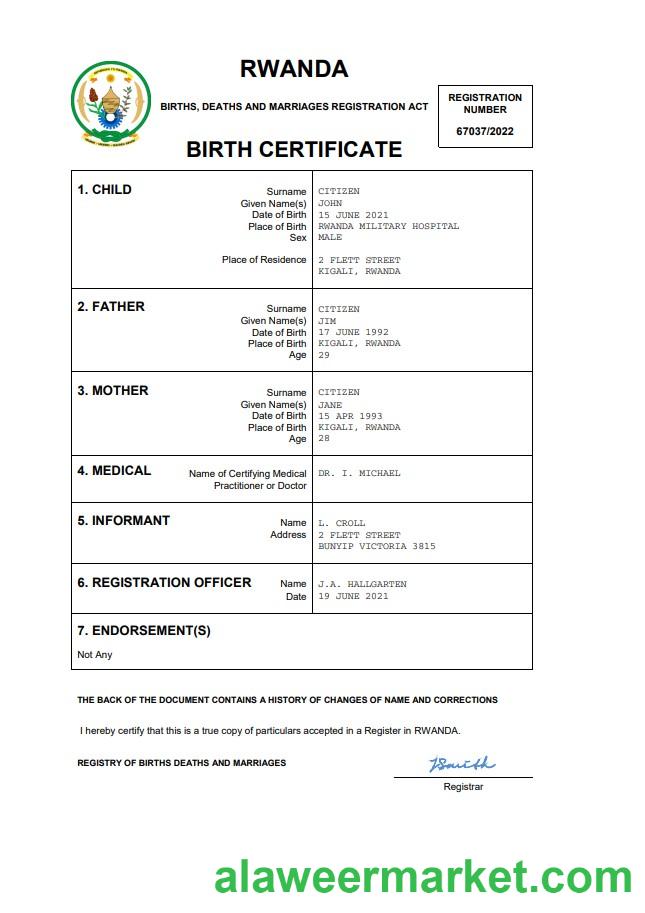 Rwanda birth certificate Word and PDF template